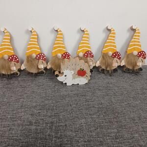 Korhani Wooden Gnome Figurines Set 6 Bearded Gnomes + Hedgehog Decor